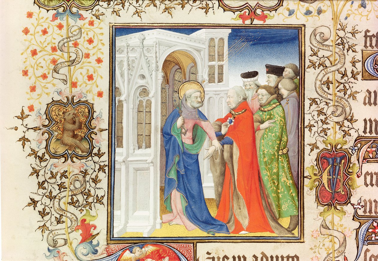 St. Peter Leading Jean de France (1340-1416) Duke of Berry into Paradise, from the Grandes Heures de Duc de Berry, 1409 by French School