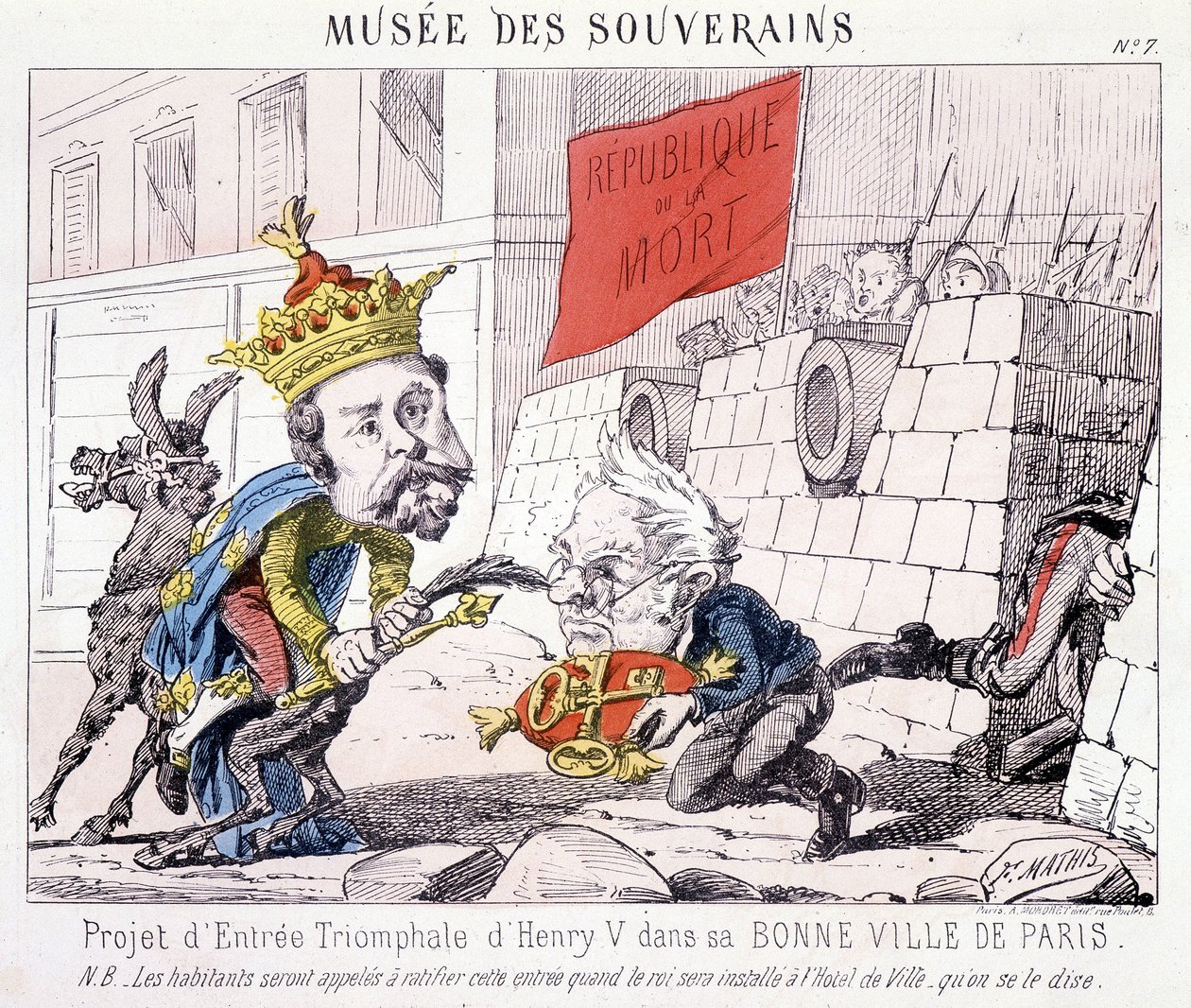 Musée des Souverains - Project for the triumphal entrance of Henri V to his good city of Paris (Thiers handed him the keys of Paris defended by citizens who wield a flag written République ou la mort). by French School