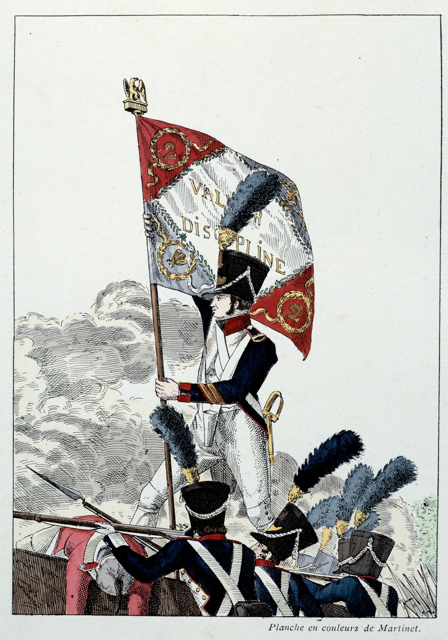 Napoleonic Armee: Line Infantry. Sergeant Major planting his eagle on a dread that was drastically wiped out. Engraving by Martinet by French School