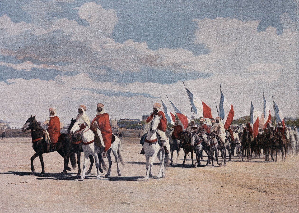 Native Spahis going to a fantasy in great pomp, deployed banners - in Military Album - Spahis by French School