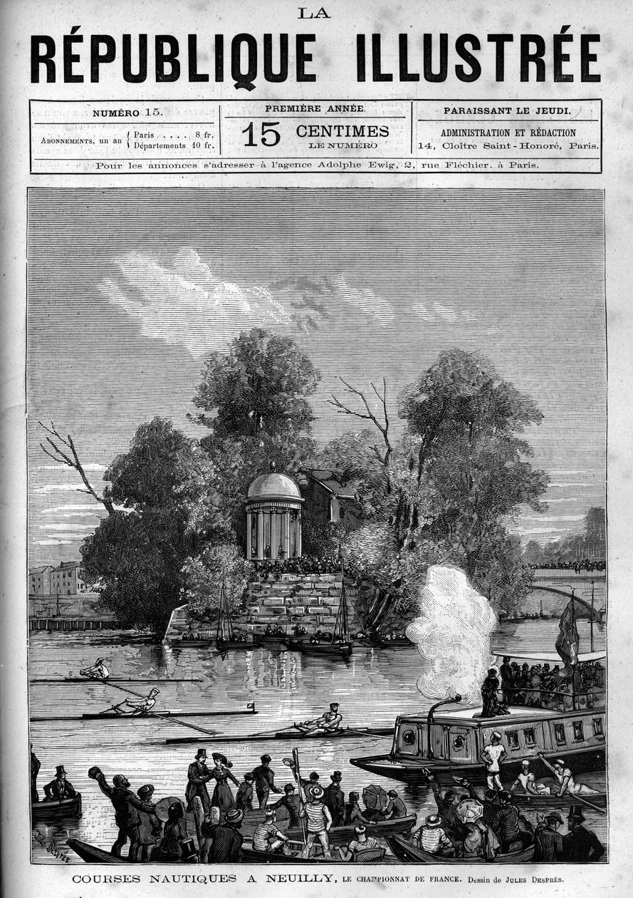 Nautical races: French rowing championship organized on the Seine facing the Ile de la Grande Jatte in Neuilly. A newspaper. Engraving from 1880 in 