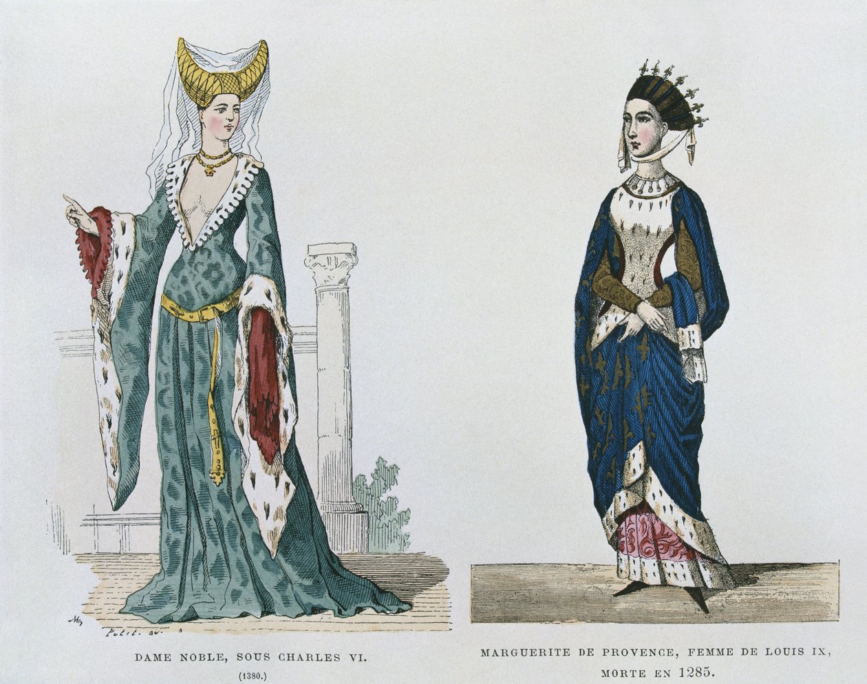 Noblewoman under the reign of Charles VI, Marguerite de Provence, wife of Louis IX, from Costumes civils et militaires des francais a travers les siecles by French School