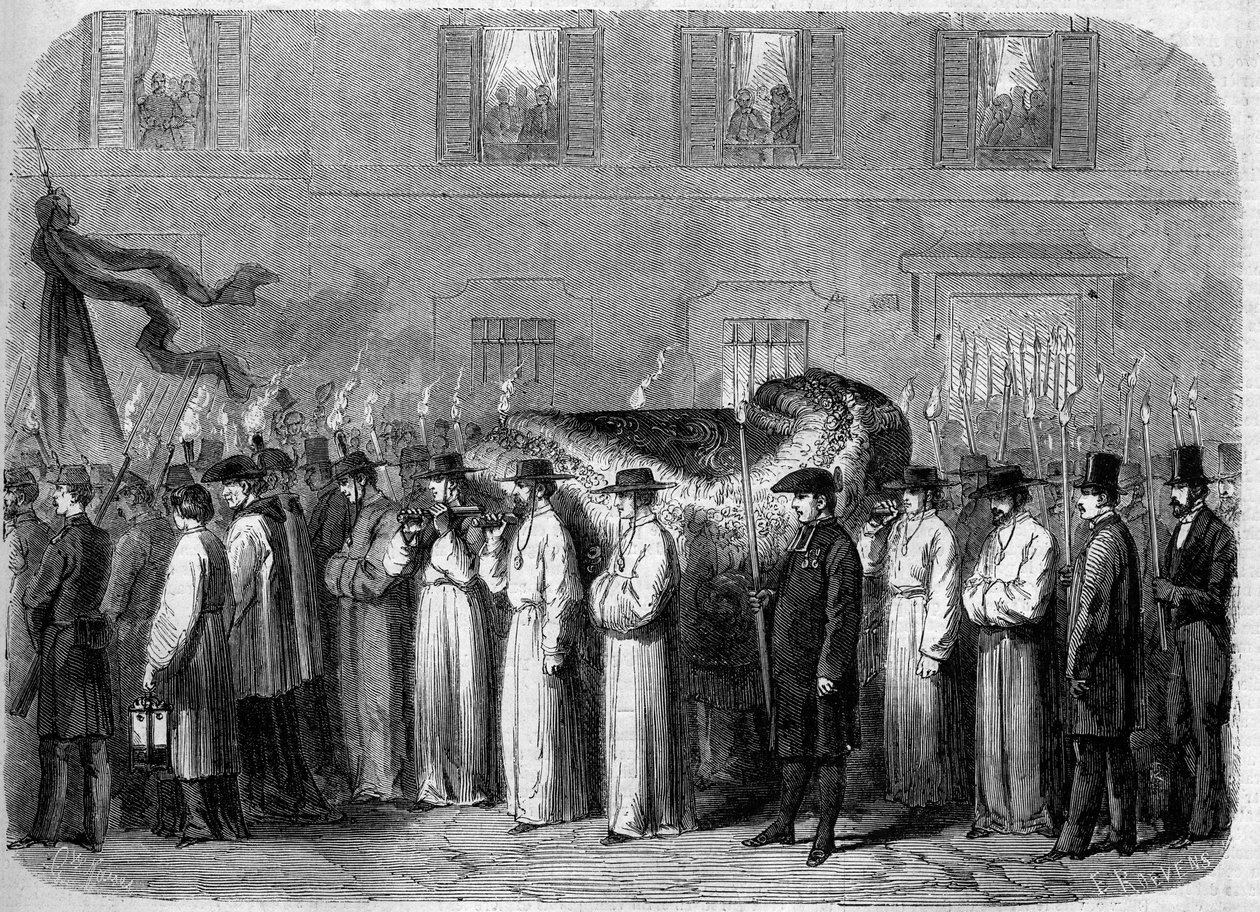 Funeral of Giovanni Battista Niccolini (1782-1861), 21 September 1861: funeral convoy carrying the remains of the Italian poet in the streets of Florence, Italy. Engraving in 