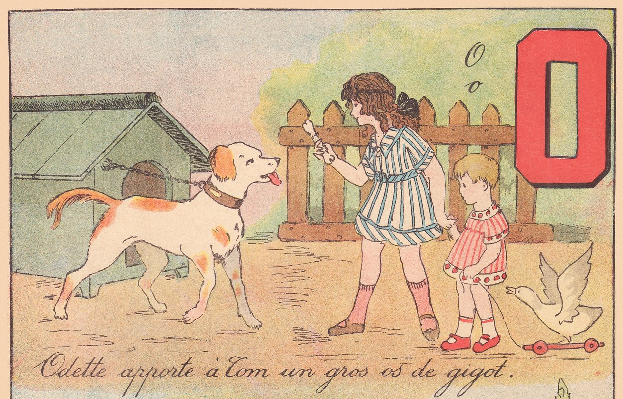 Odette brings Tom a large leg bone, around 1920 by French School