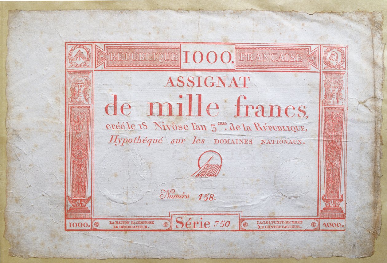 One thousand franc banknote, 1795 by French School