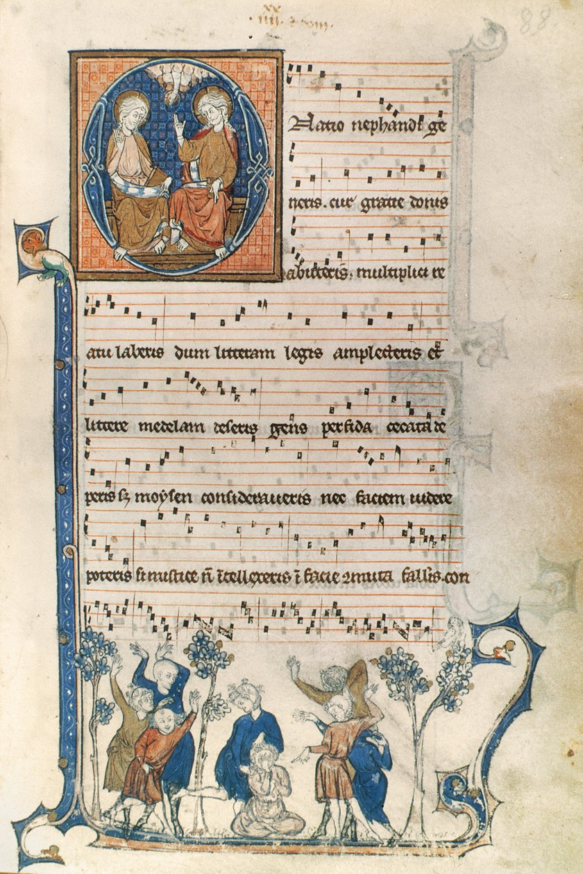 Page from a manuscript for a Parisian singer, with illustrations of the Holy Trinity and the game Blind Mans Bluff, c.1280-1315 by French School