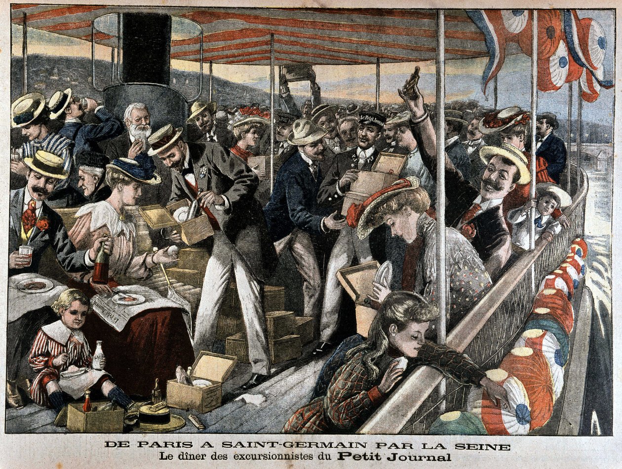 Parisians enjoy a steamboat excursion on the Seine to Saint-Germain by French School