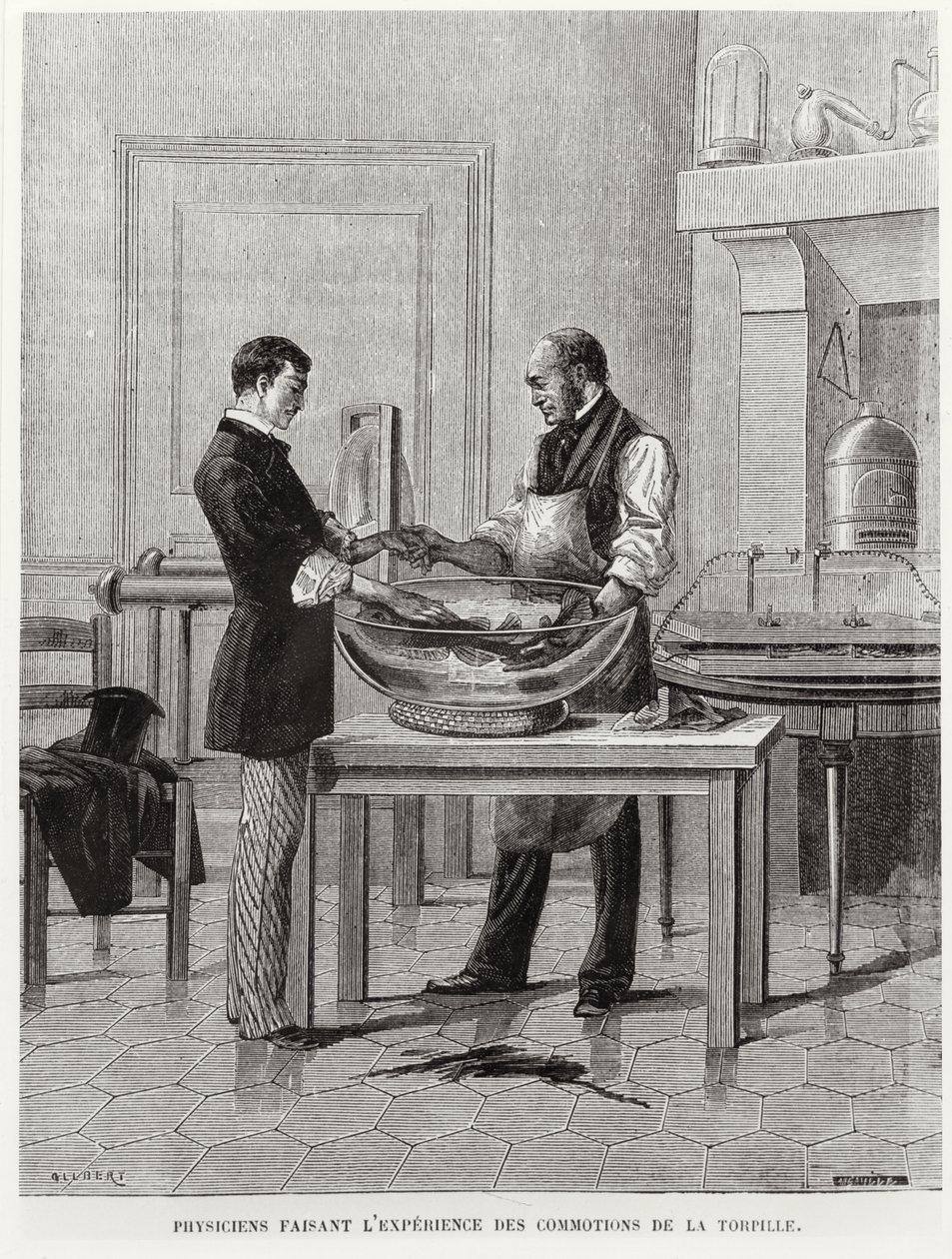 Physicists experimenting on a torpedo, 2nd half 19th century by French School
