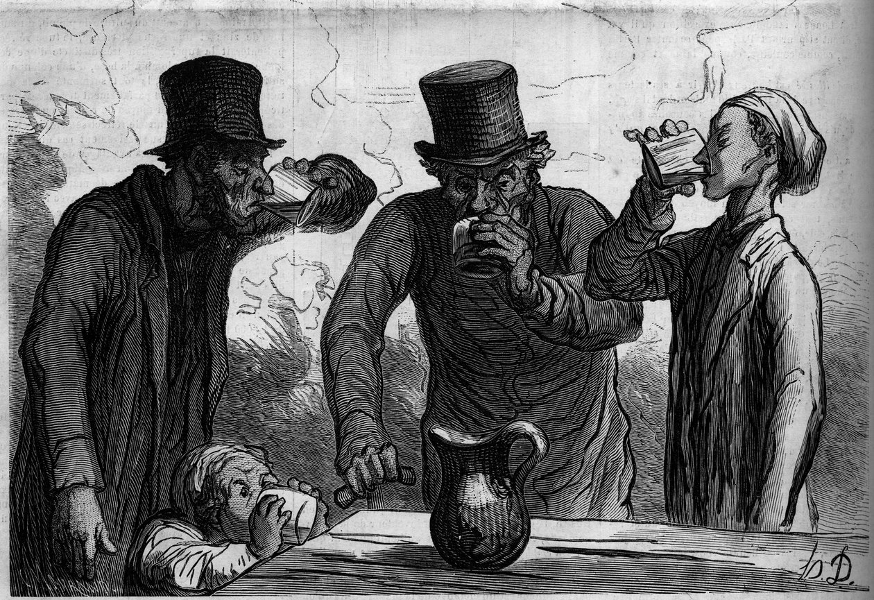 Physiology of the drinker: the four ages. Cartoon by Honore Daumier. Engraving in Le Monde Illustré n°289 of October 25 by French School