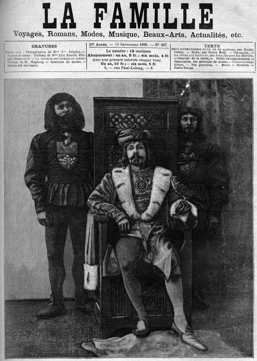 Pierre Loti in Louis XI costume receiving his guests in his castle during a party in a decor from the period of Louis XI. Cover of 