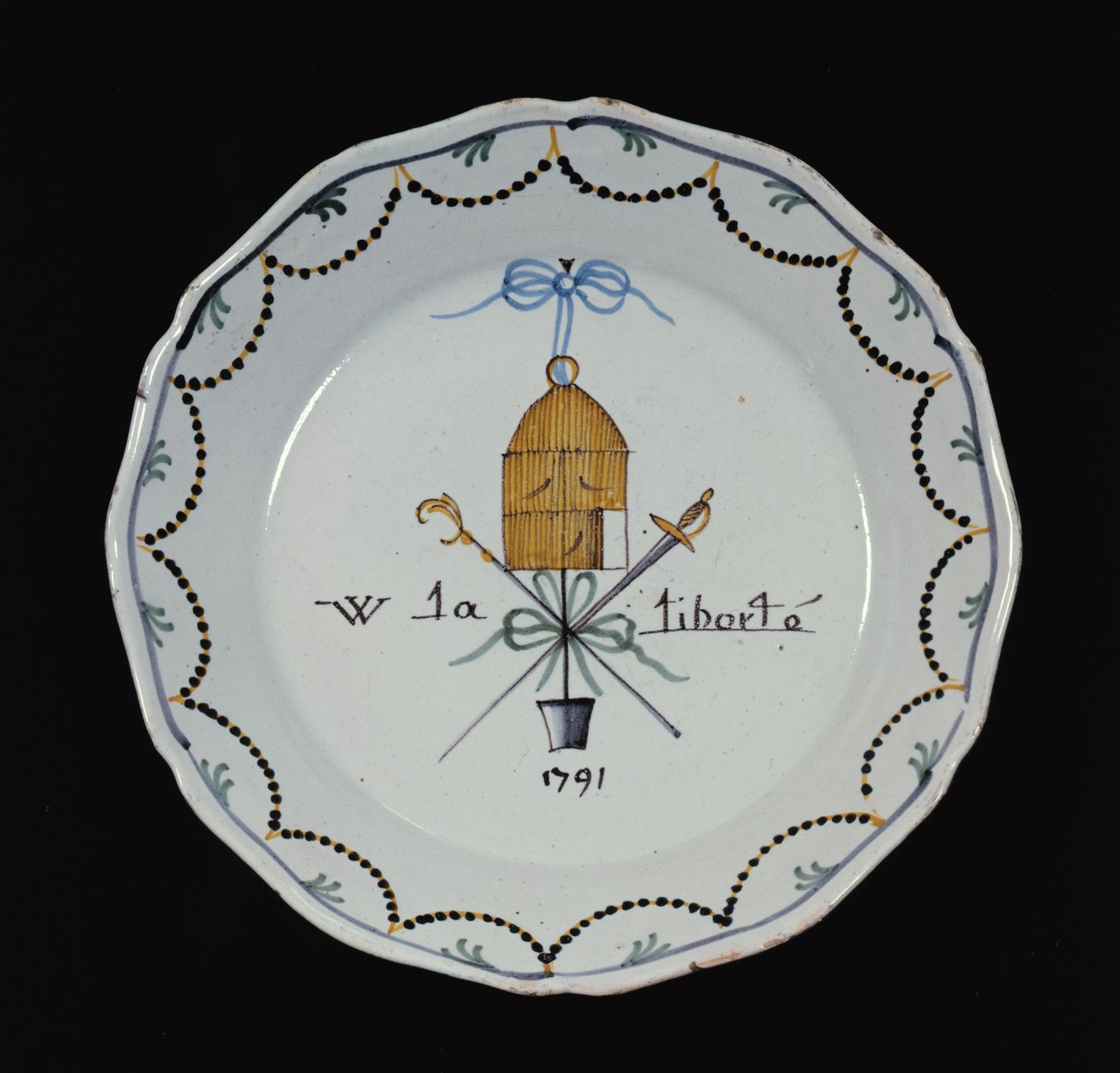 Plate with an open bird cage and the legend Vive la Liberte, 1791 by French School