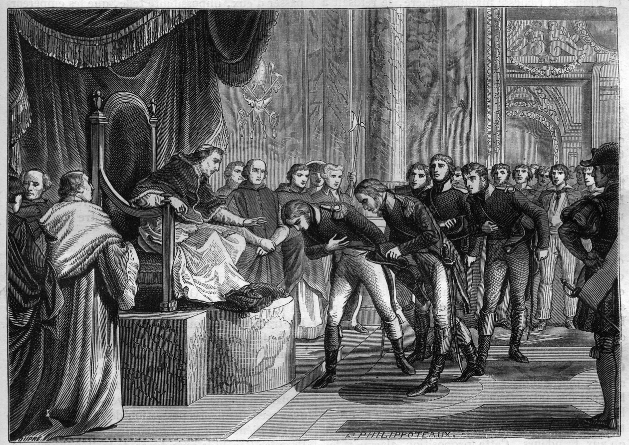 Pope Pius VII (1742-1823) receiving in Rome the French sailors members of the crews of the two bricks Saint Peter and Saint Paul offered as a gift to the Pope by Bonaparte, August 1802 - Engraving of 1865 in Histoire du Consulate et de l