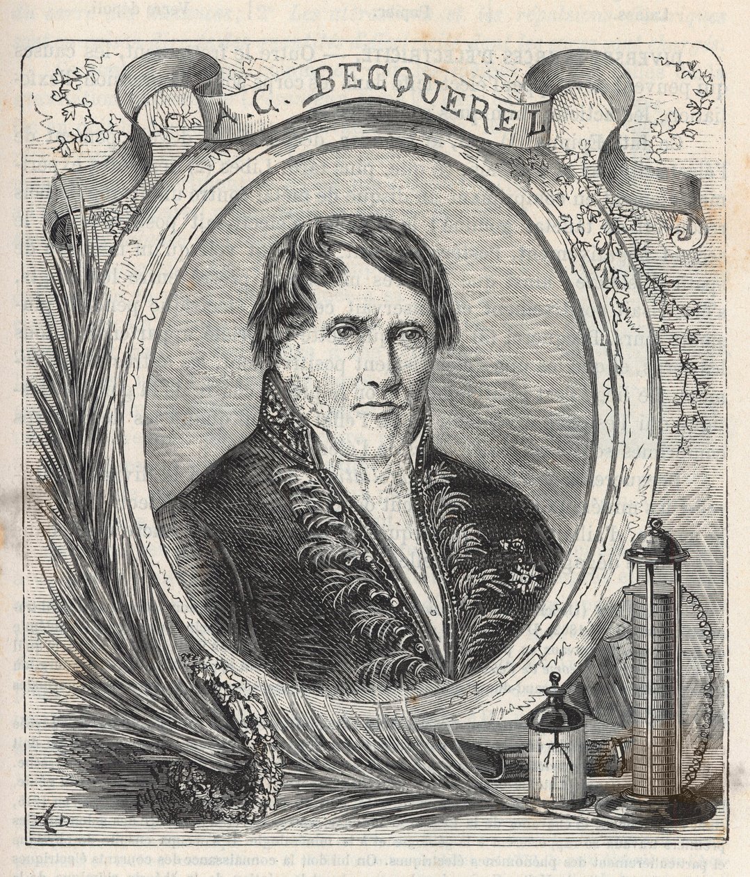 Portrait of Antoine Cesar Becquerel (1788-1878), French physicist - Engraving in Sciences à la gratete de tous - physics et chimie populaires by Alexis Clerc - End 19th century - Private collection by French School