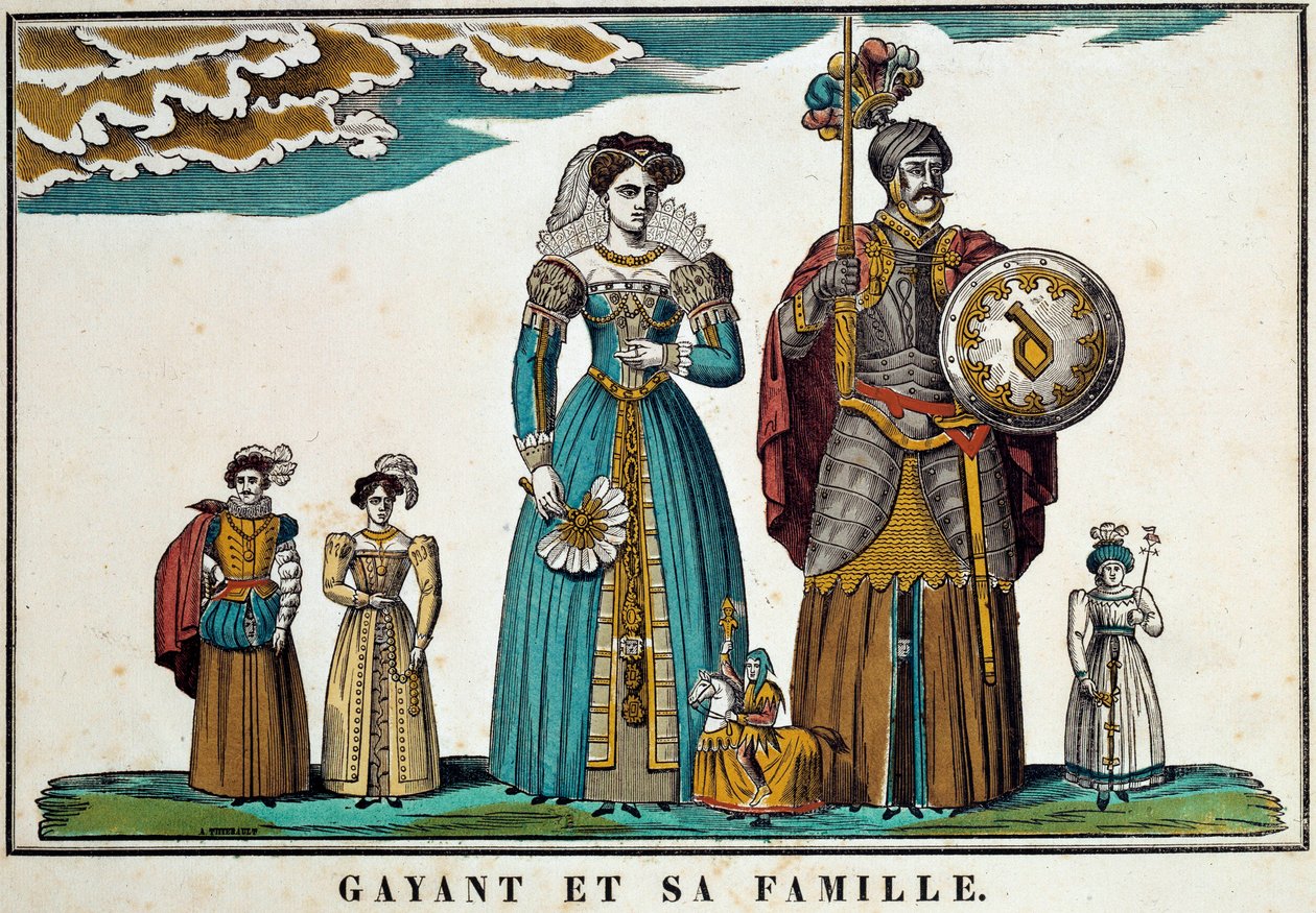 Portrait of Gayant, a giant symbolizing the city of Douai, depicts with his family: his wife, Marie Cagenon, and his three children, Jacquot, Fillon and Binbin. 18th century engraving, imagery by Belfort. Ferrand Collection by French School