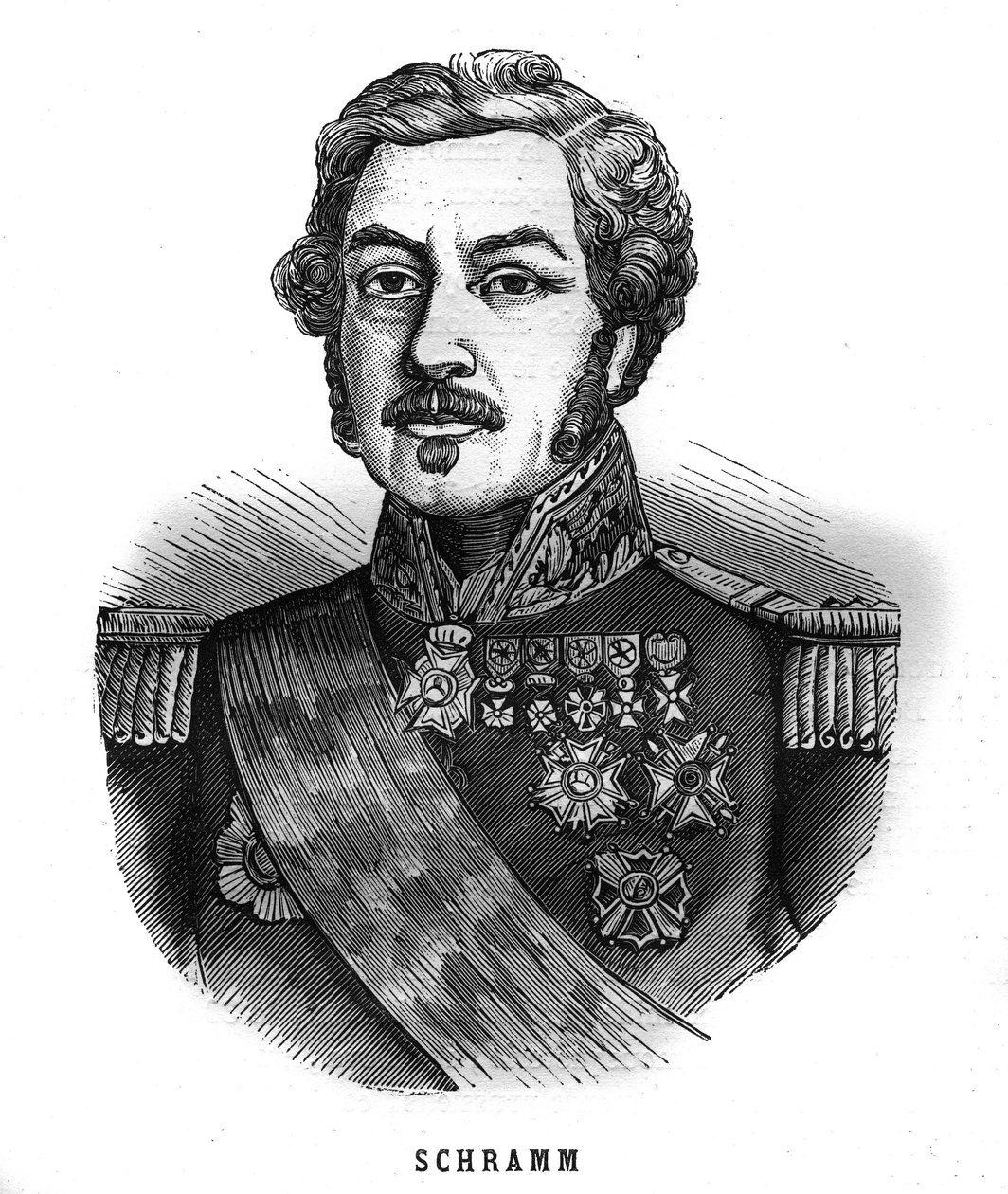 Portrait of Jean Paul Adam Schramm (1789-1884) French general. Engraving in 