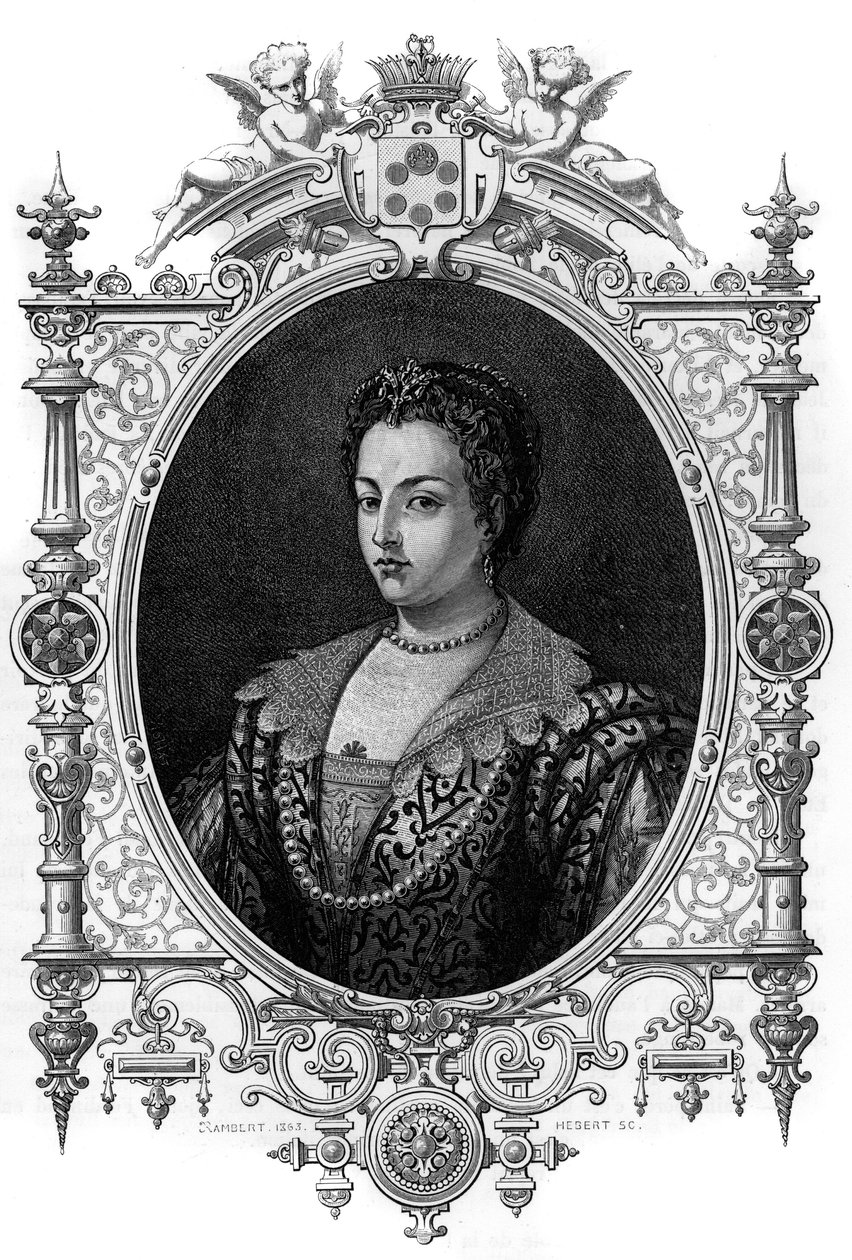 Portrait of the Venetian Bianca Cappello (1548 - 1587), wife of Francois de Medicis (Francesco de Medici). Engraving of 1862 in 
