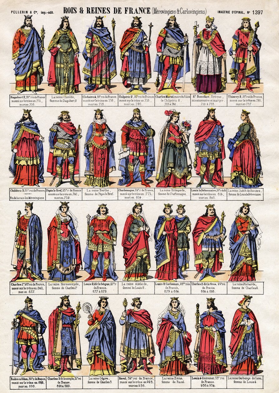Portraits of the kings and queens of France of the Dynasty of Merovingians and Carolingians. Epinal imaging from the end of the 19th century. Private collection. by French School