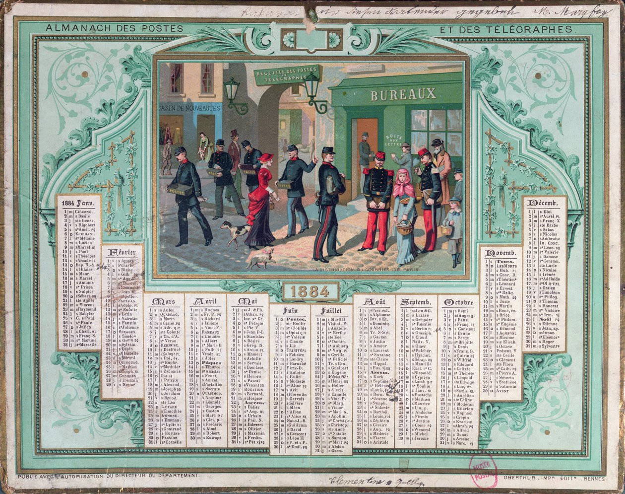 Post Office Calendar of 1884 by French School