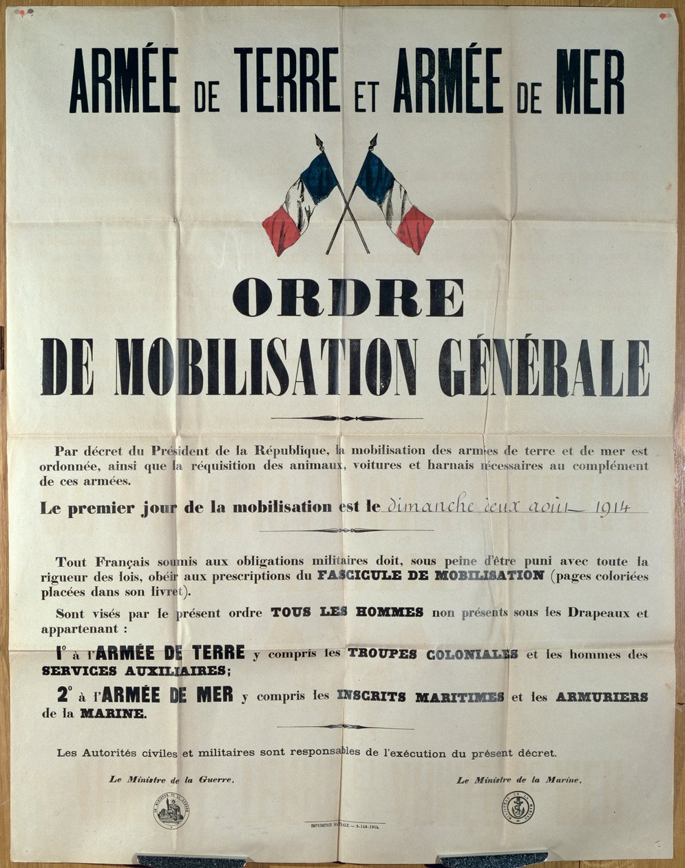 Poster Announcing General Mobilisation in France, 2nd August 1914 by French School