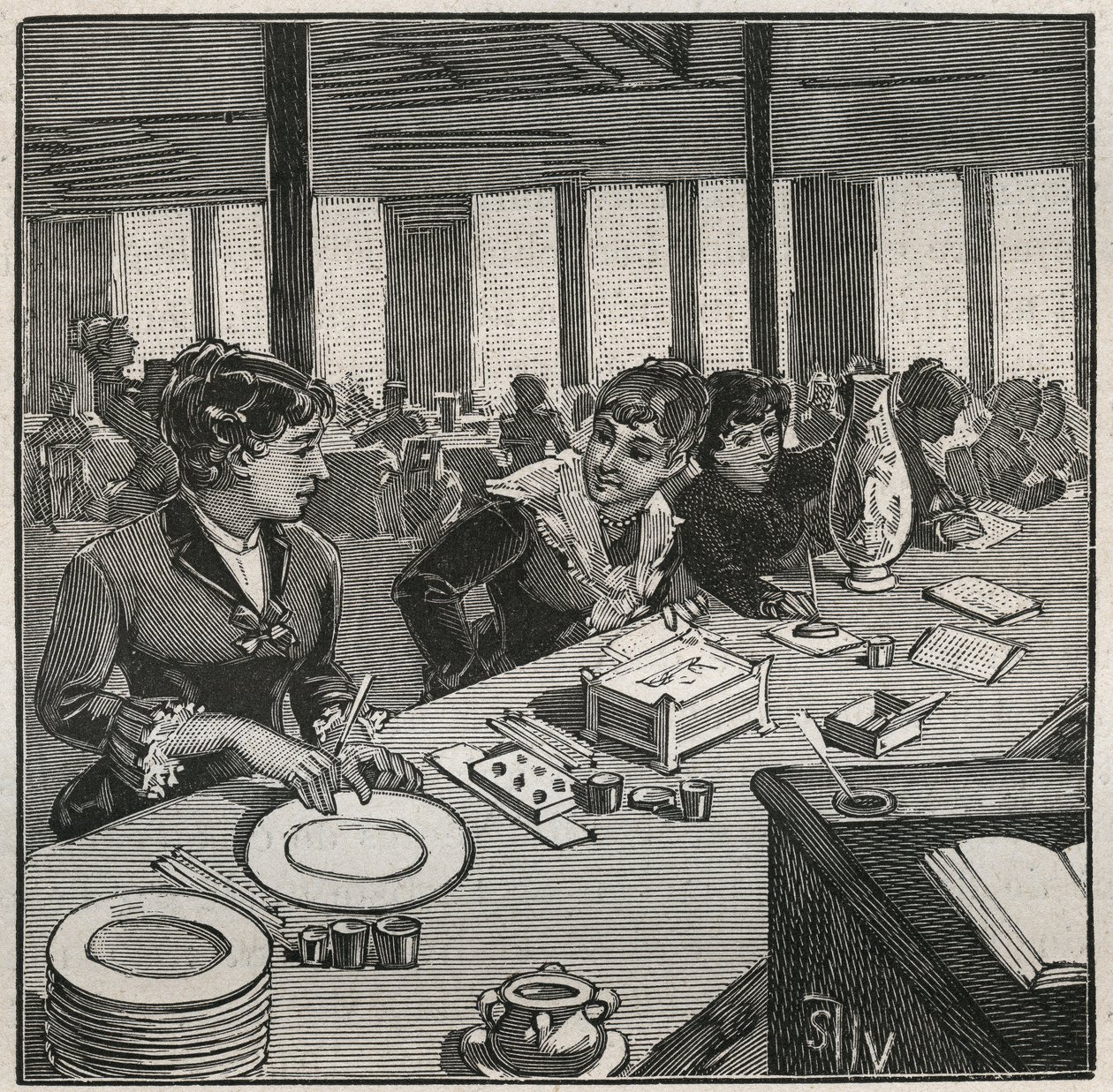 Pottery: painting workshop on porcelain in the 19th century in France. Engraving from 1880 in 