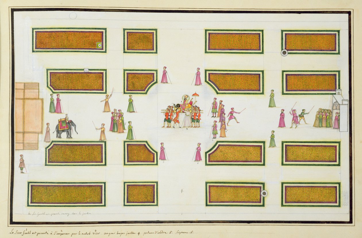 Presentation of Gentil by Nawab Shuja ud-Daula to Emperor Shah Alam in Angur Bagh from The Gentil Album, Published in 1774 by French School