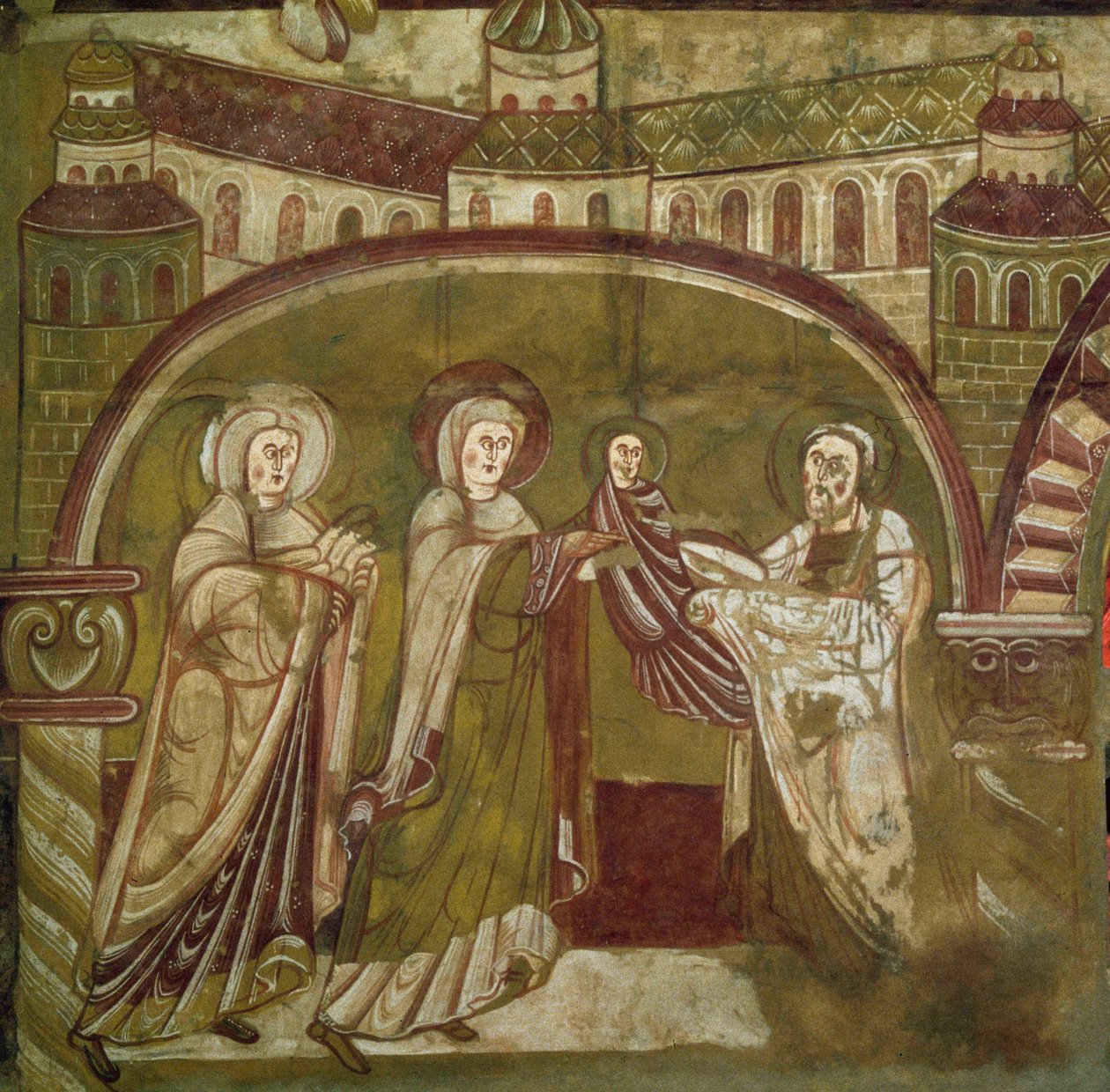 Presentation of Jesus at the Temple. Fresco of the church of Vic sur Cere (Cantal). 12th century. Paris, Museum of Monuments by French School