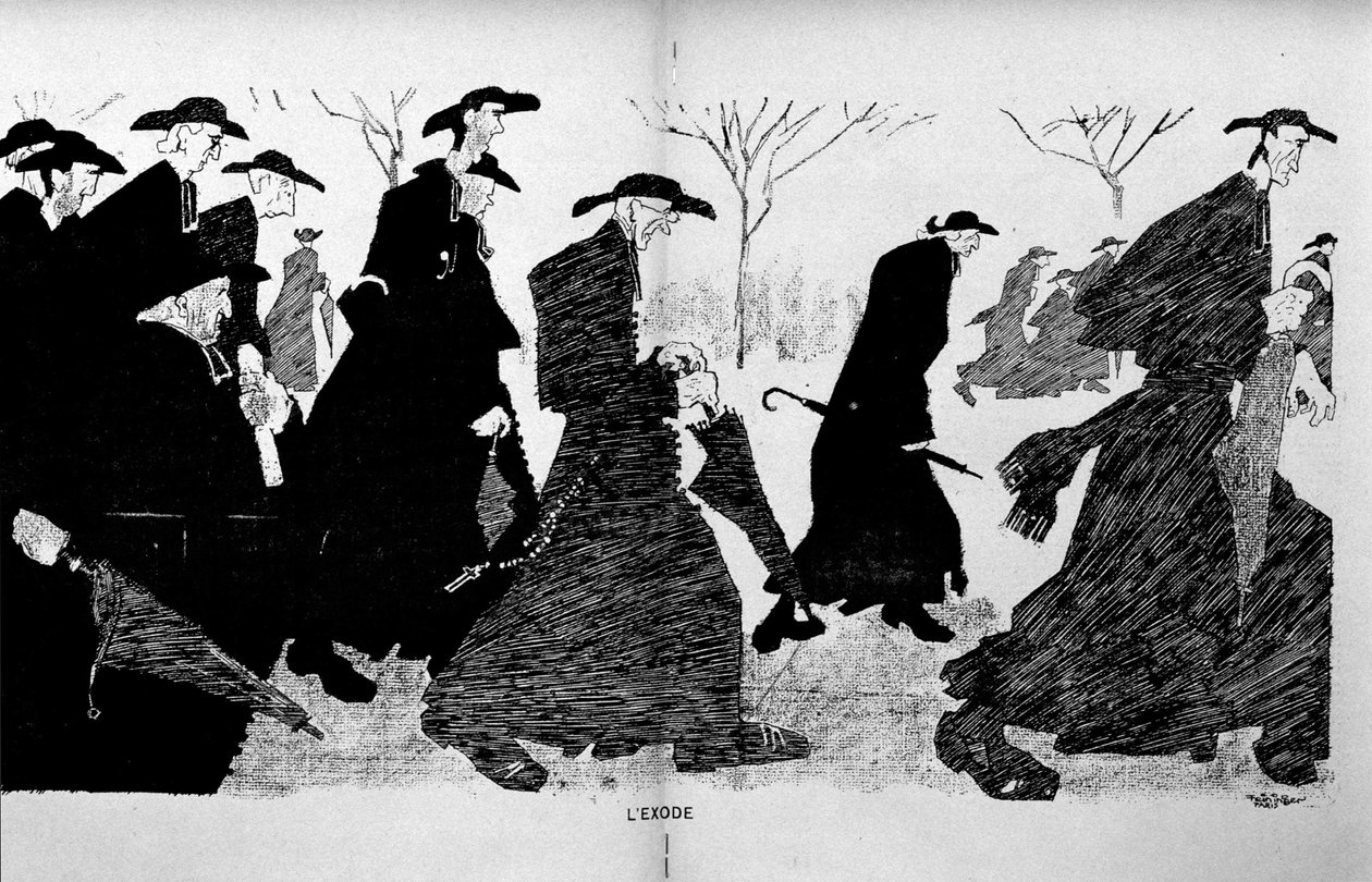 Priests in columns running away (separation of Church and State) - in “The Witness” of 29/12/1906 by French School