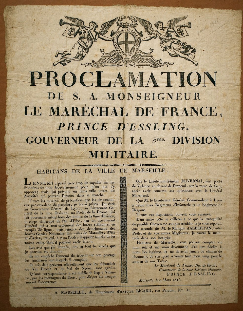 Proclamation to the inhabitants of the city of Marseille, dated March 9 by French School
