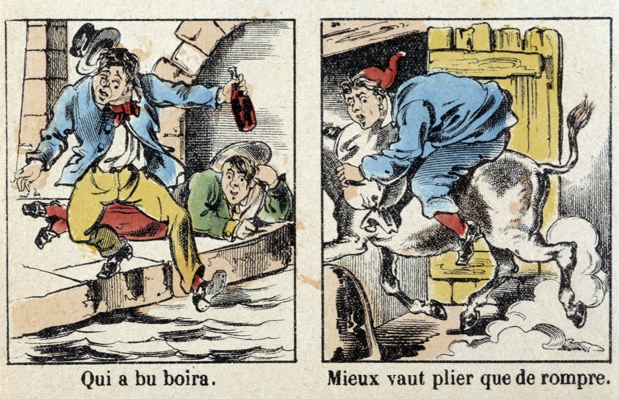 Proverbs in pictures of Epinal: Who drank drink. Better bend than break by French School