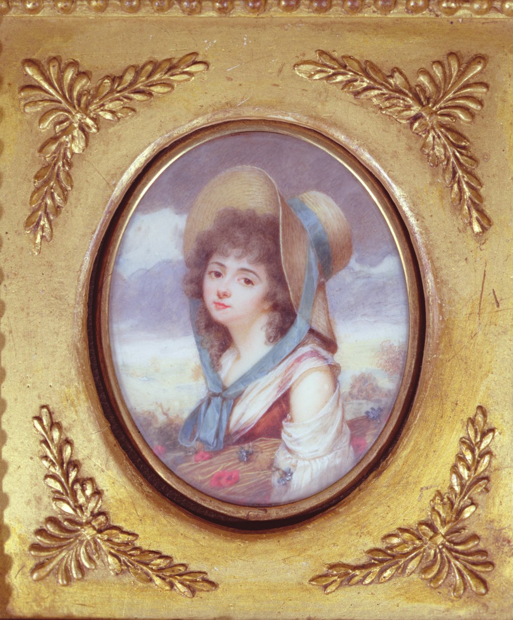 Pulcherie de Valence carrying a sheaf of wheat with poppies and cornflowers by French School