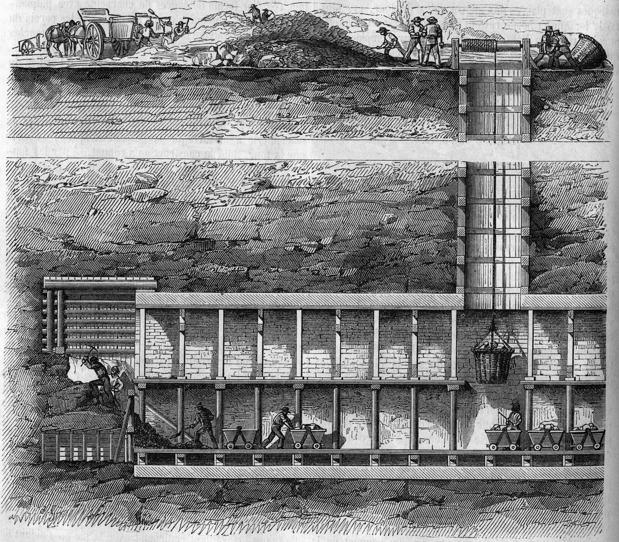 Railway: cross-section of an extraction and tunnel well used when drilling a tunnel (engraving in Le Magasin picturesque) by French School