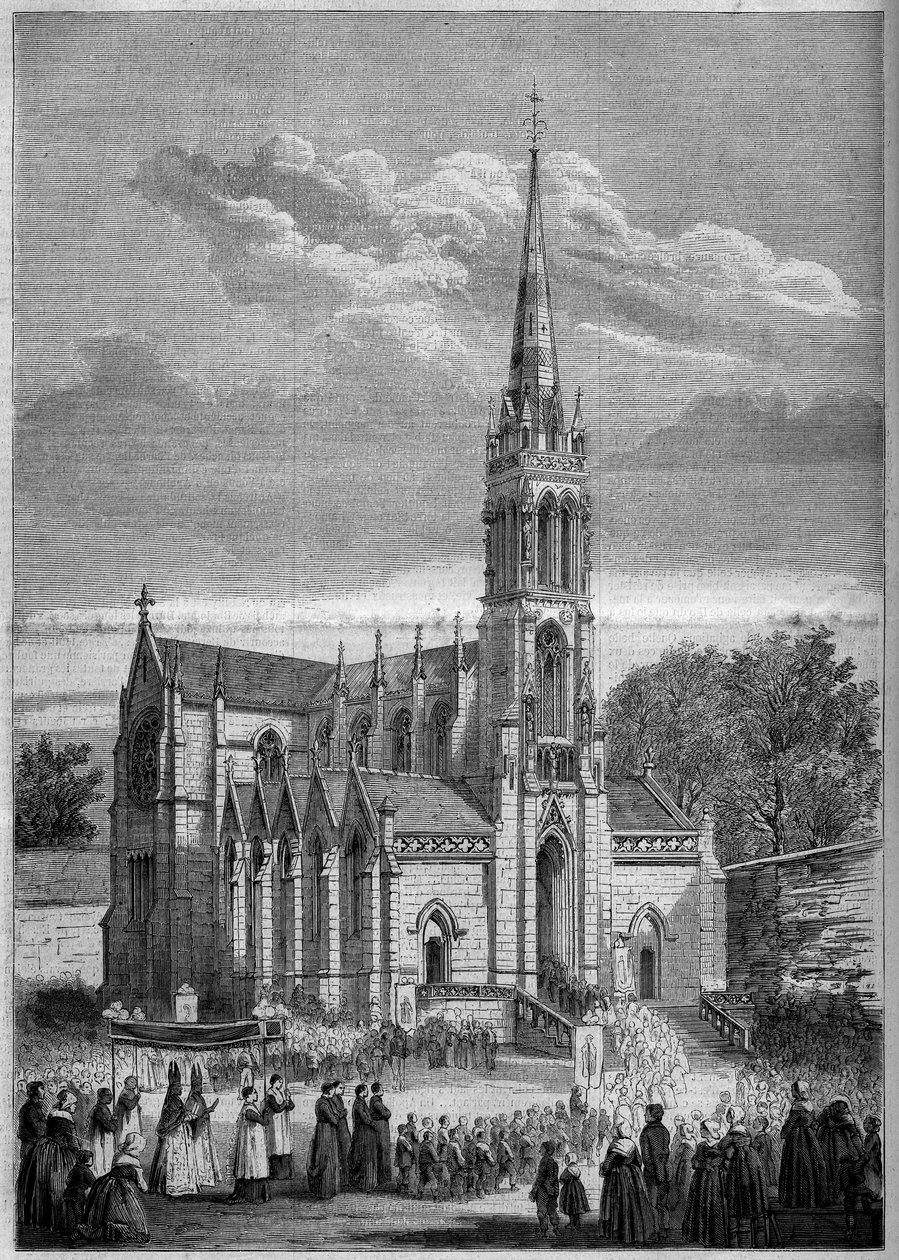 Religious Architecture: General View of the Church of Monfort le Retrou (Today Montfort le Gesnois in the Sarthe (72), the Day of Its Inauguration in 1858. From a Sketch by Mr. Moulin. Engraving in Le Monde Illustré n°77 of 2 October 1858 by French School