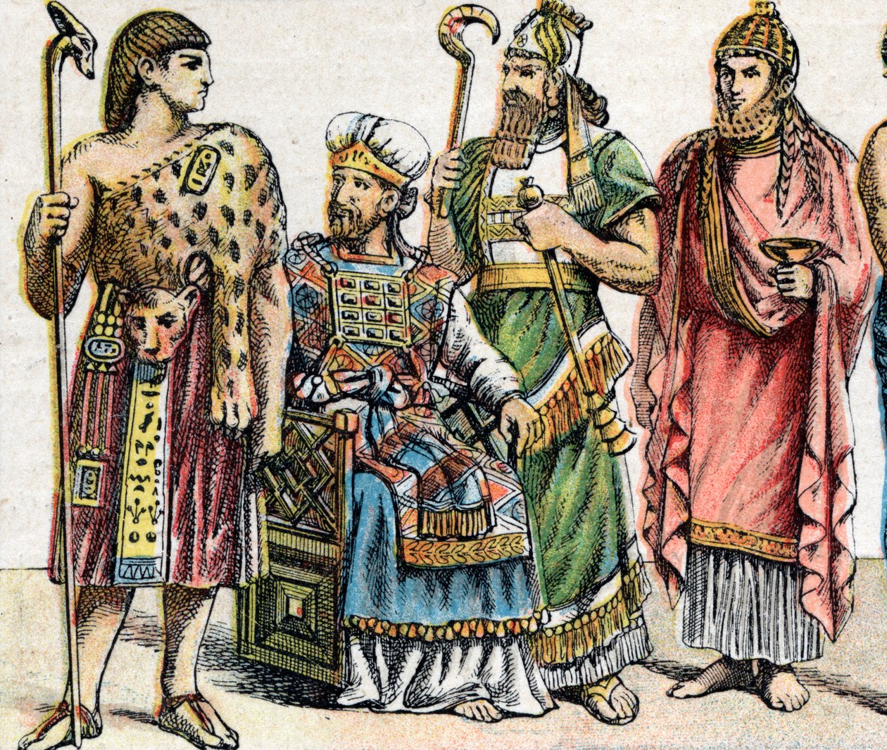 Religious Costumes in Antiquity: Portrait of an Egyptian High Priest, a Hebrew High Priest, an Assyrian King, and a Phoenician Priest by French School