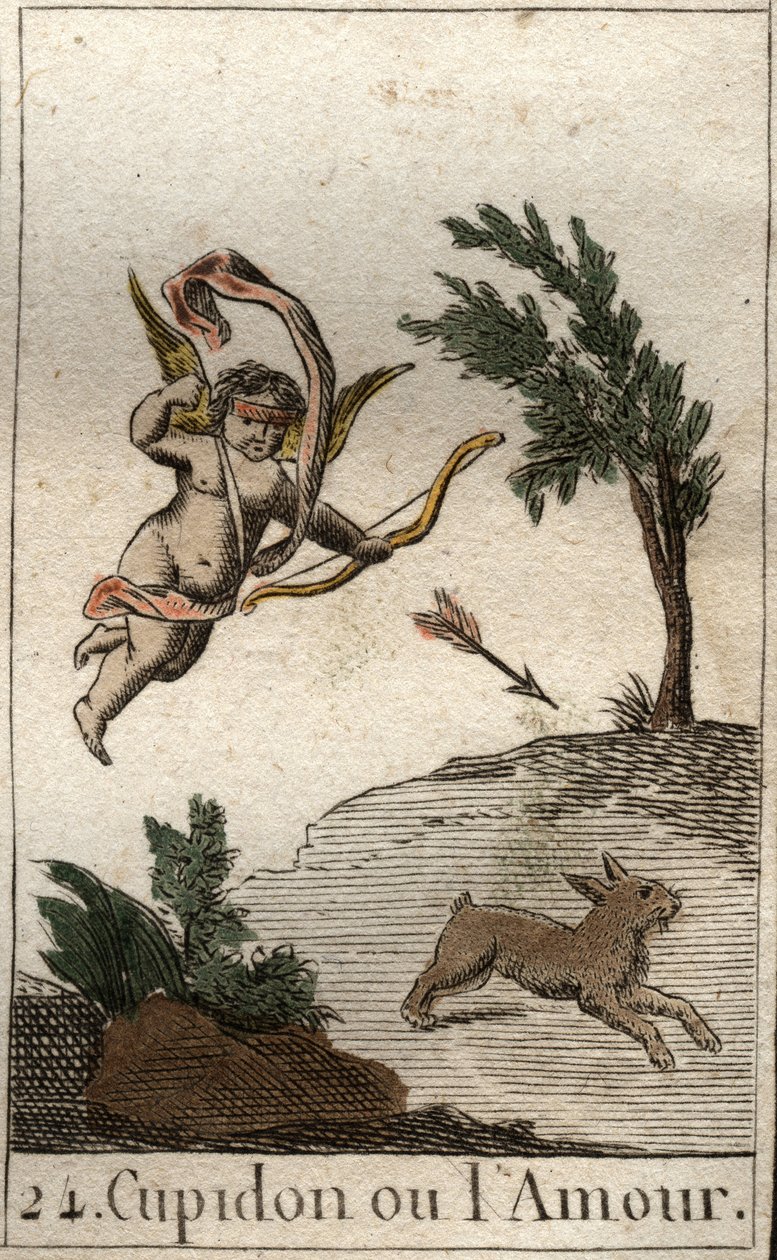 Representation of Cupid, or Amour, servant of Venus, as a child blindfolded, drawing an arrow. From “Mythology of Youth” by Pierre Blanchard 1803 by French School