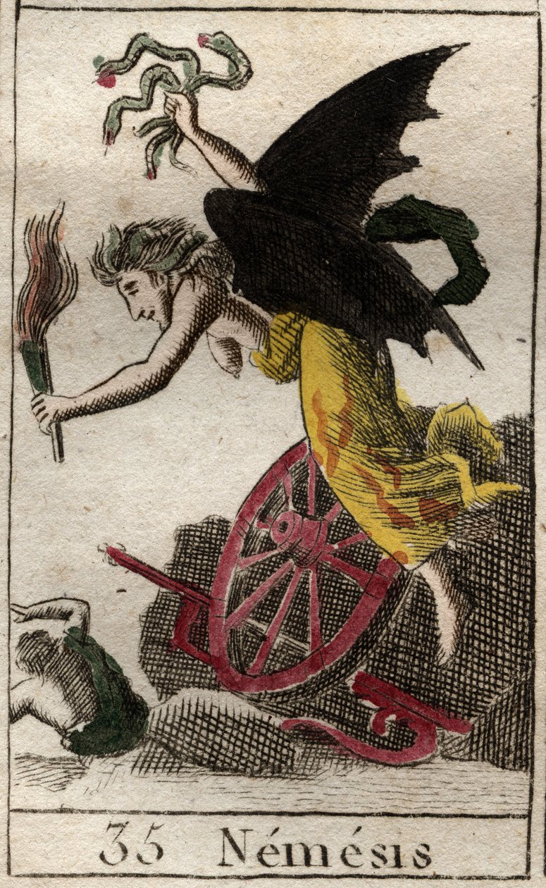 Nemesis, goddess of revenge, represented as a winged woman, holding a torch and snakes, with a wheel and rudder indicating that she pursued her victims by sea and land. From 