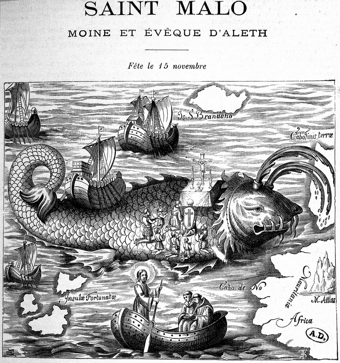 Representation of Saint Malo on the Back of a Whale Represented in the Way of Saint Brendan by Clonfert (ca. 484-577/578) (engraving) by French School