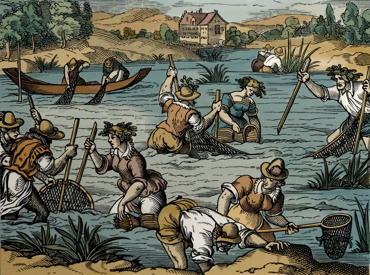 River Fishing, from 1584 (engraving) by French School
