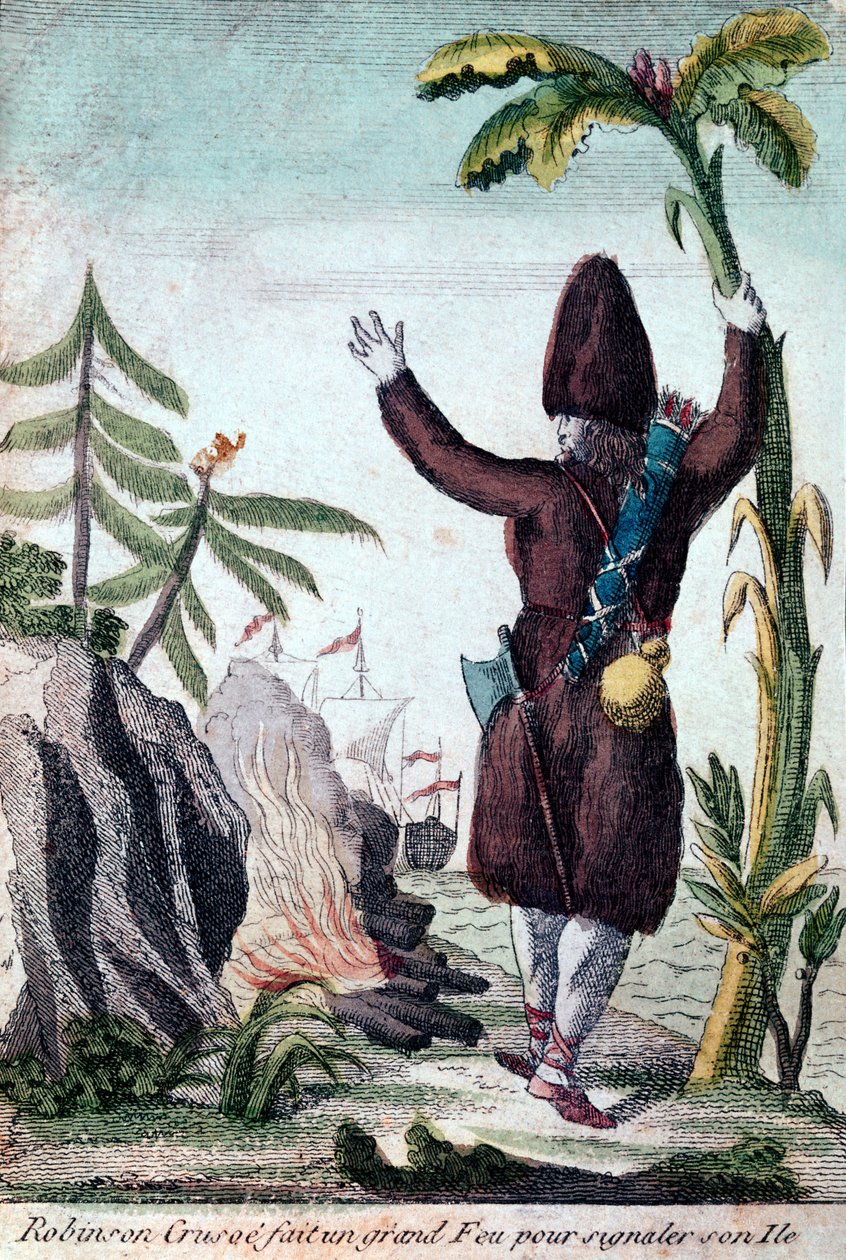 Robinson Crusoe makes a fire to draw attention to his island, Imagerie Basset by French School