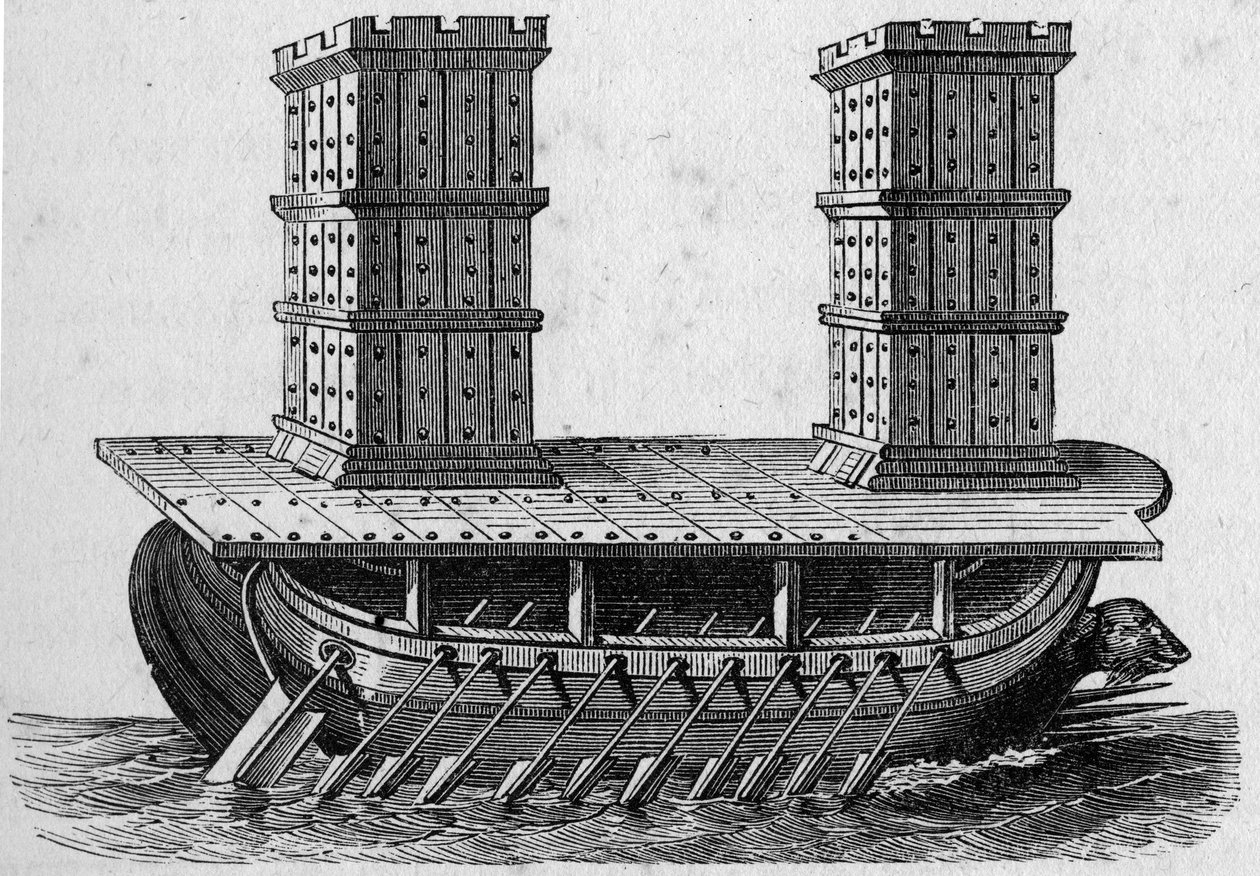 Roman ship a towers. Engraving in 