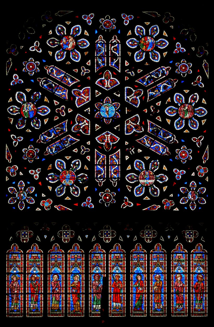 Rose window with the Crucifixion surrounded by scenes from the Resurrection