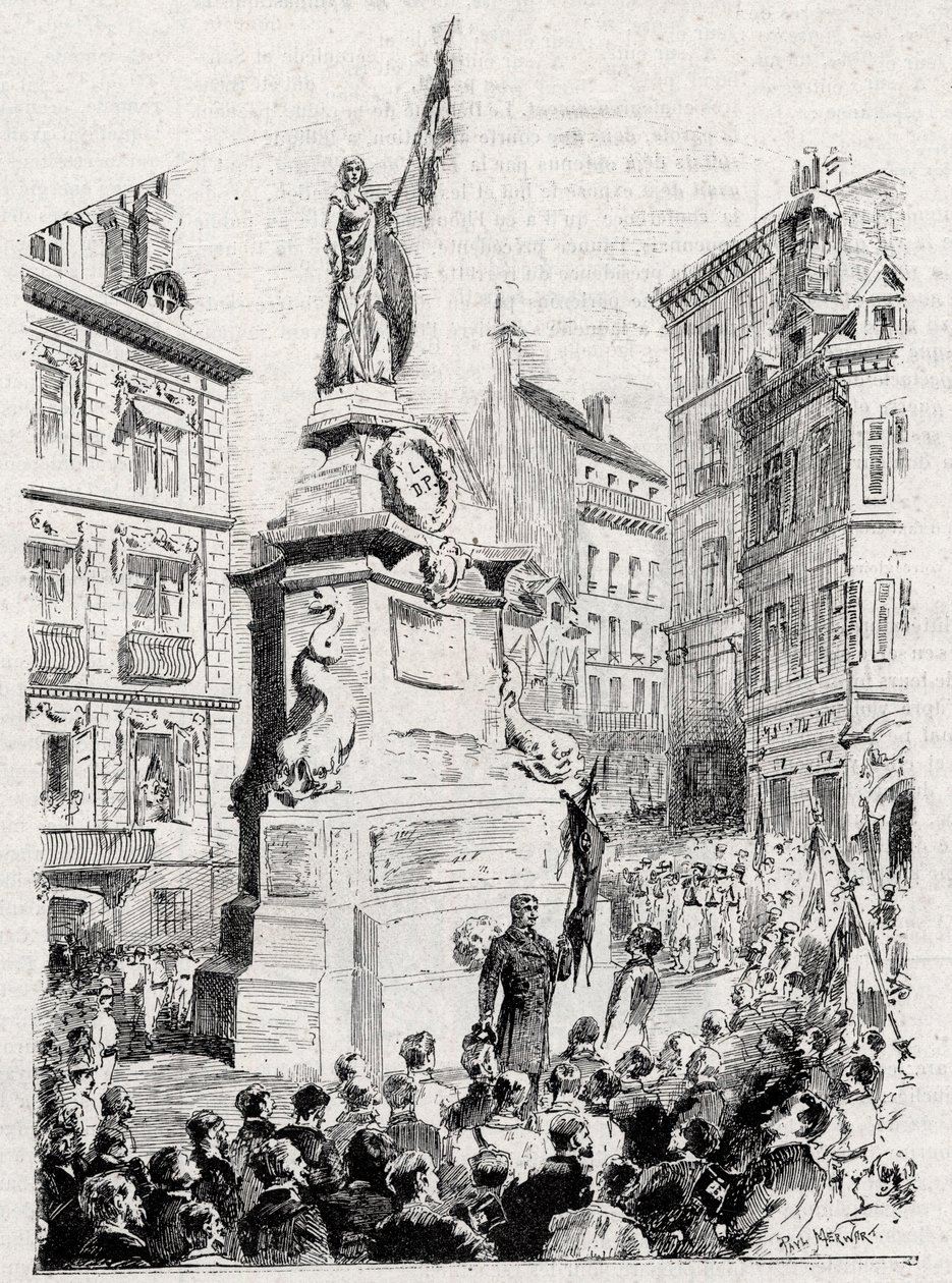 Rouen: members of the League of Patriots in front of the statue of Joan of Arc- drawing by Paul Merwart for the flag - illustrious monitor of the League of Patriots - 1884 by French School
