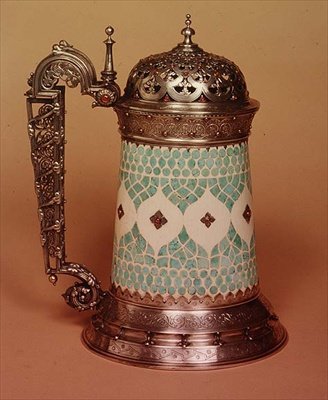 Rudolfi tankard with ivory body inlaid with turquoises, mounted in silver and set with rubies, Paris, c.1855 by French School