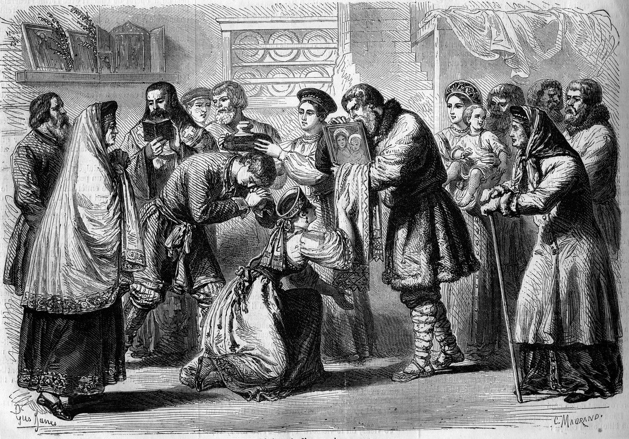 Russian Custom - Wedding - 1860: Pre-Wedding Ceremony. Godfather and Godmother Bless Future Marriages. The Godfather Presents to Them the Image of Christ or the Virgin, Symbol of Religious Consecration. The Godmother Holds Bread and Salt Above the Head. by French School