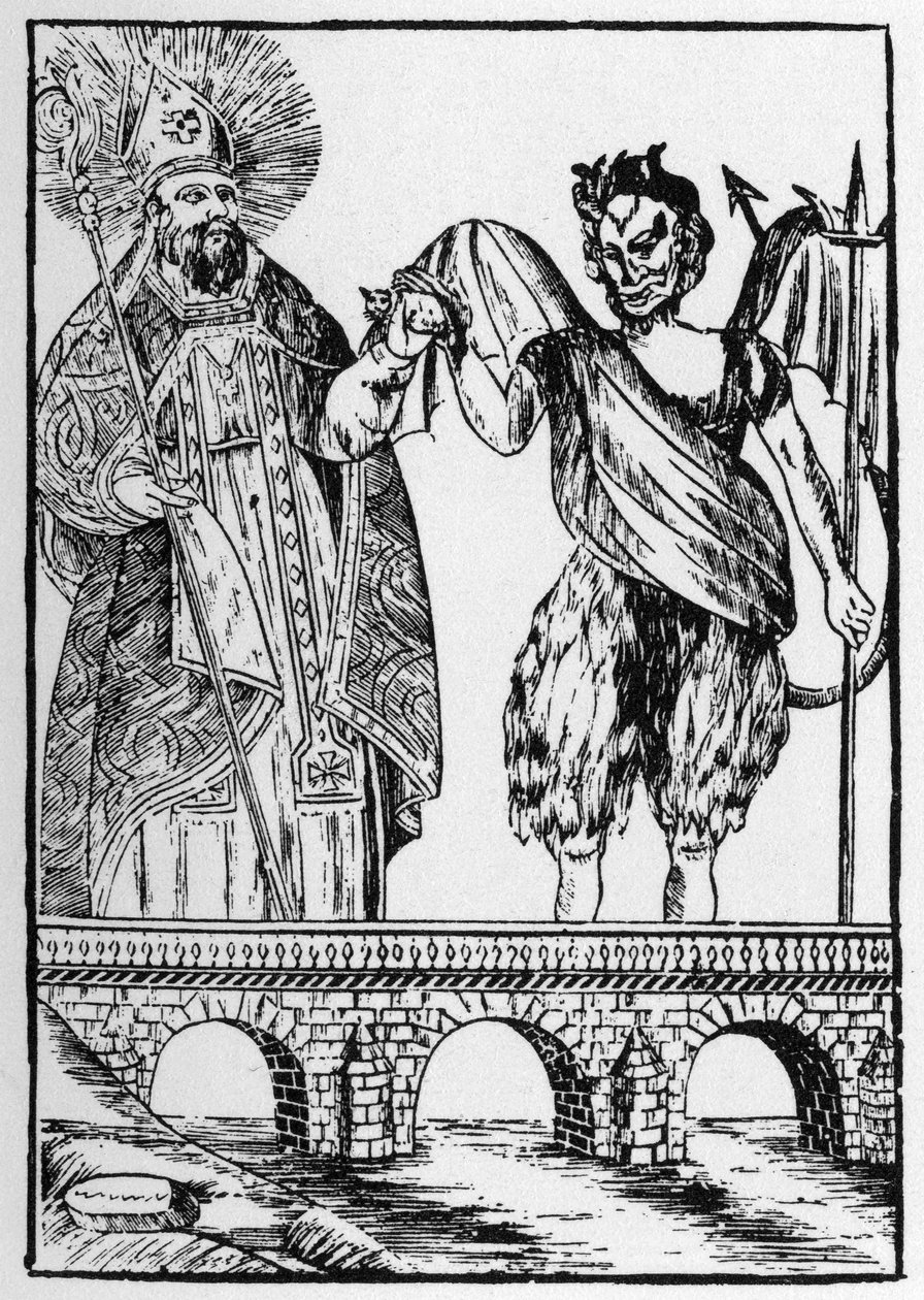 Saint Cado (or Cadoc or Catuod or Catoc or Cazut or Cadochus) legendary saint Christian gives a cat to the devil in exchange for building a bridge - popular images Perret. by French School