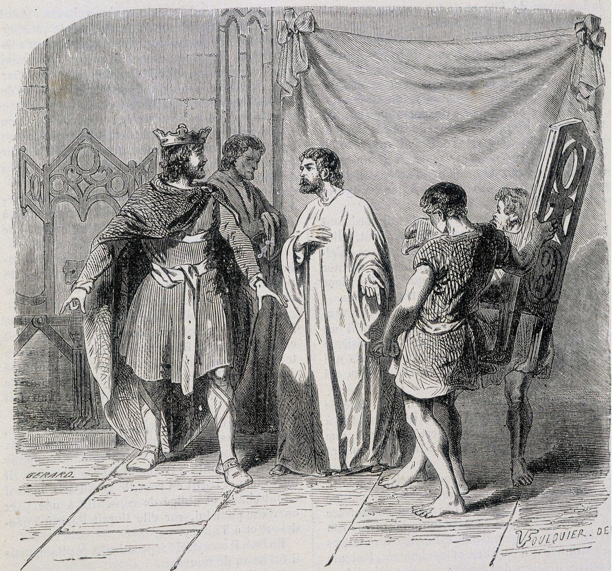 Saint Eloi and Dagobert: Dagobert was amazed when Eloi introduced him the second armchair - engraving, 19th century by French School