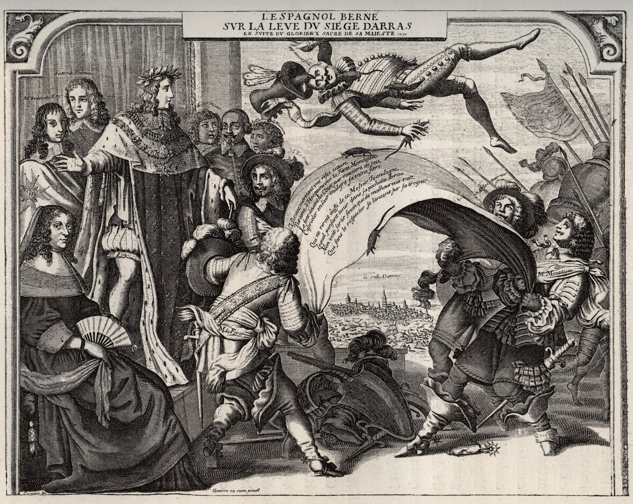 Satirical Allegory on the Rise of the Siege of Arras in 1654 After the Coronation of Louis XIV. Lower Left is Queen Anne of Austria. Standing Beside Louis XIV, and on the Left of the King, Cardinal Jules Mazarin. Engraving. by French School