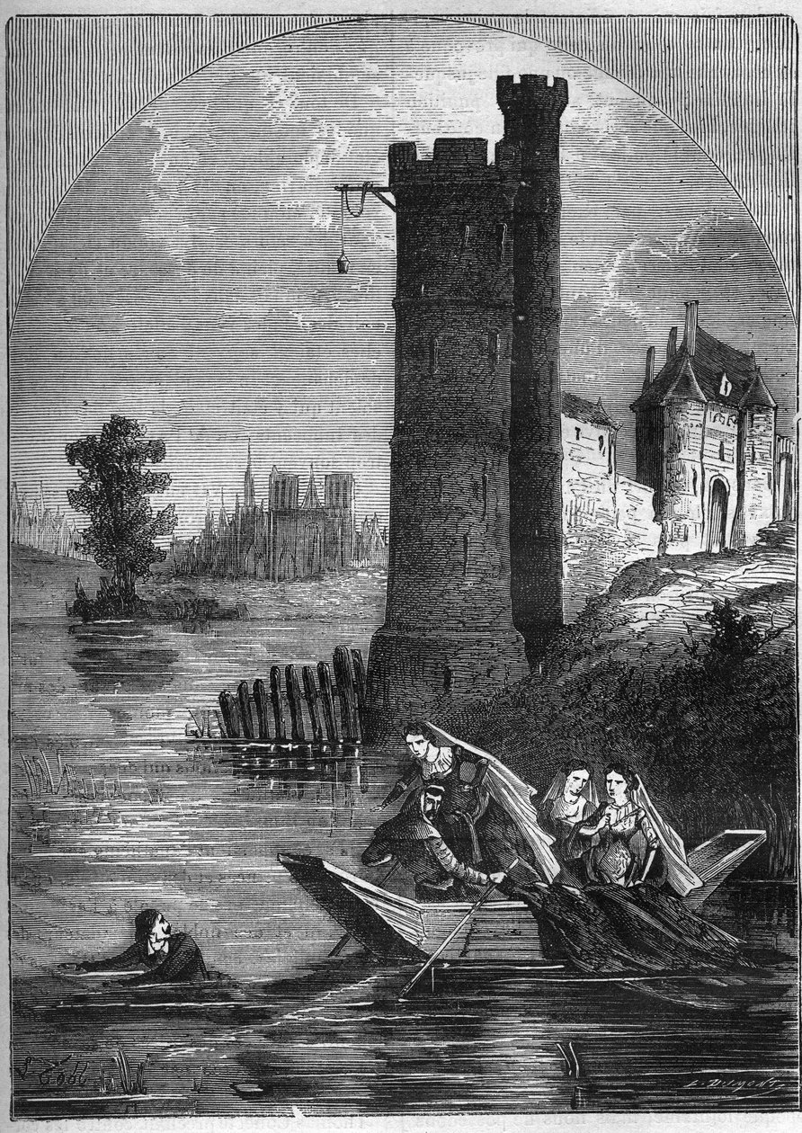 Scandal of the Tower of Nesle: Jean Buridan managed to escape from the Tower of Nesle in 1314 despite the ambush set by Queen Marguerite of Burgundy. Engraving in 
