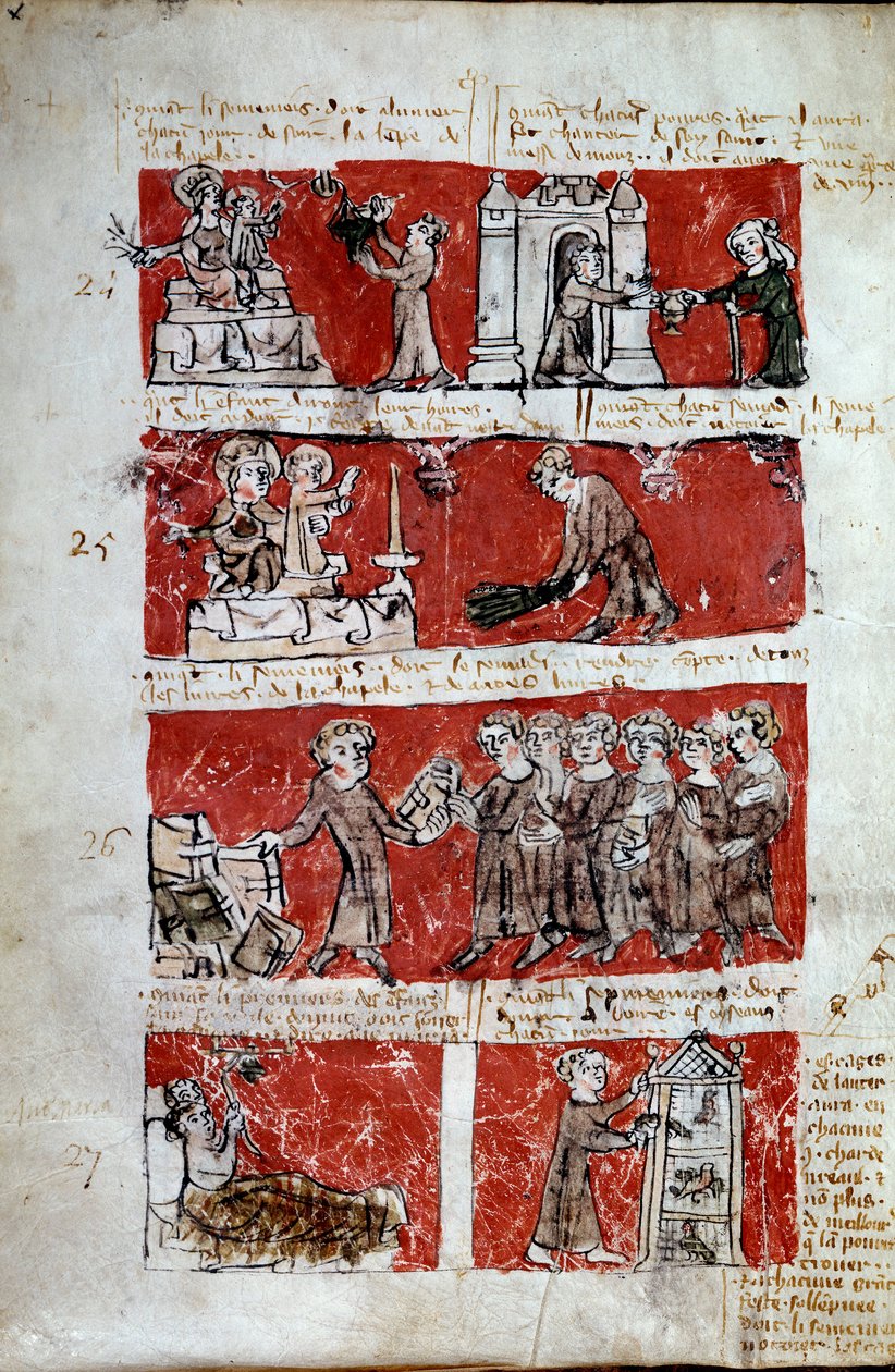 Scene of student life at the College of Hubant or Ave Maria in Paris Scenes of student life (charity works, distribution of books, maintenance of the lower courtyard) and college regulations. Bands 24 to 27. Manuscript page Livre des statutes du College by French School