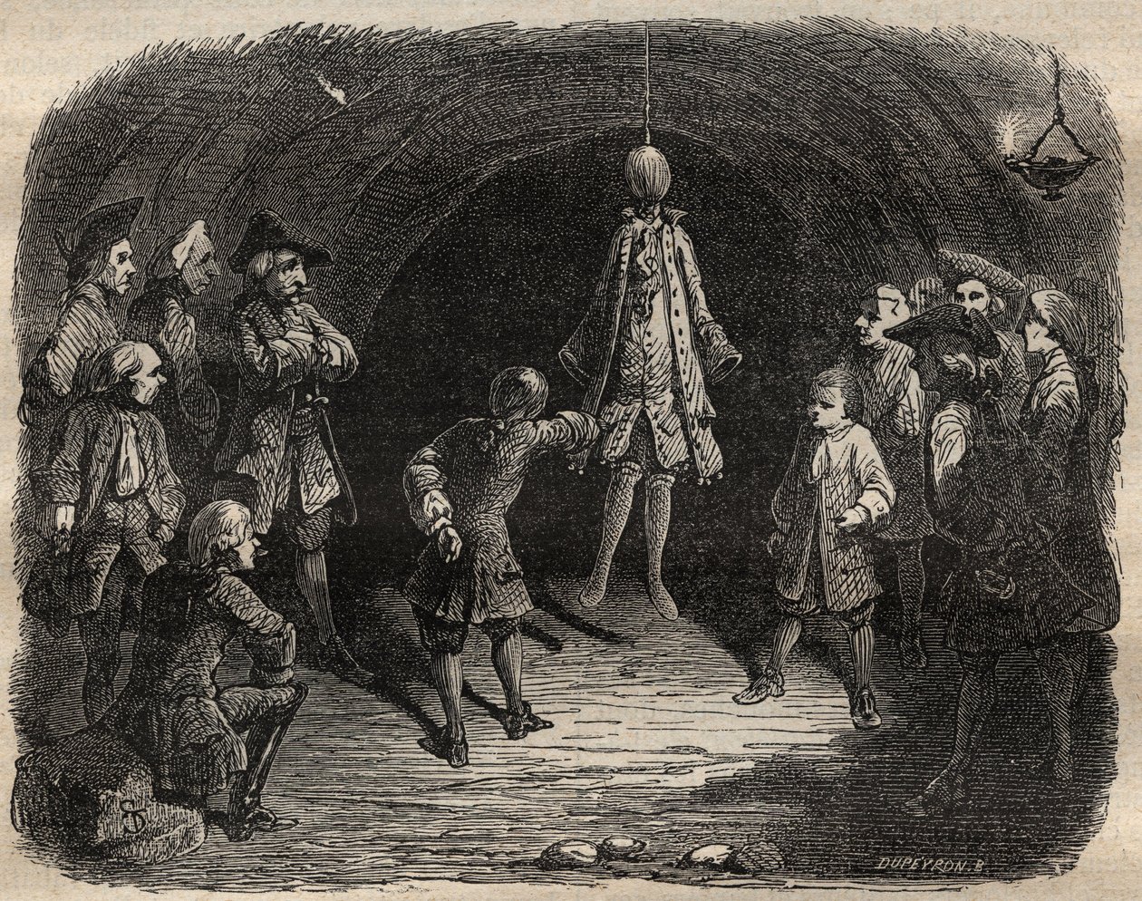 School of thieves created by the brigand Louis Dominique Garthausen dit Cartridge (1693-1721) in a career in Paris: a model hung from the ceiling whose pockets should be emptied without moving under penalty of receiving a rain of shots by French School