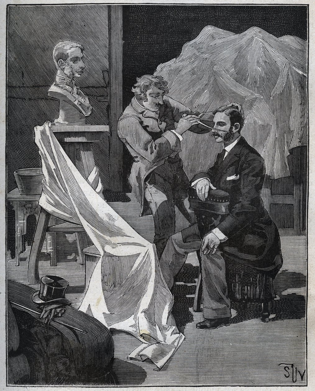 Sculpture, workshop of a sculptor, focus and sculpture of a bust. Engraving from 1880 in Les arts et metiers illustres by Adolphe Bitard. by French School